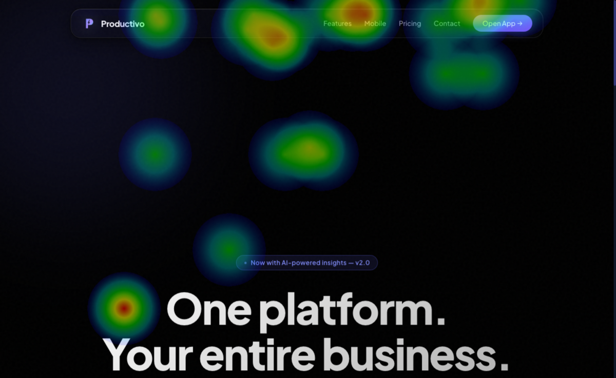 Click heatmap over the landing page showing the hottest areas